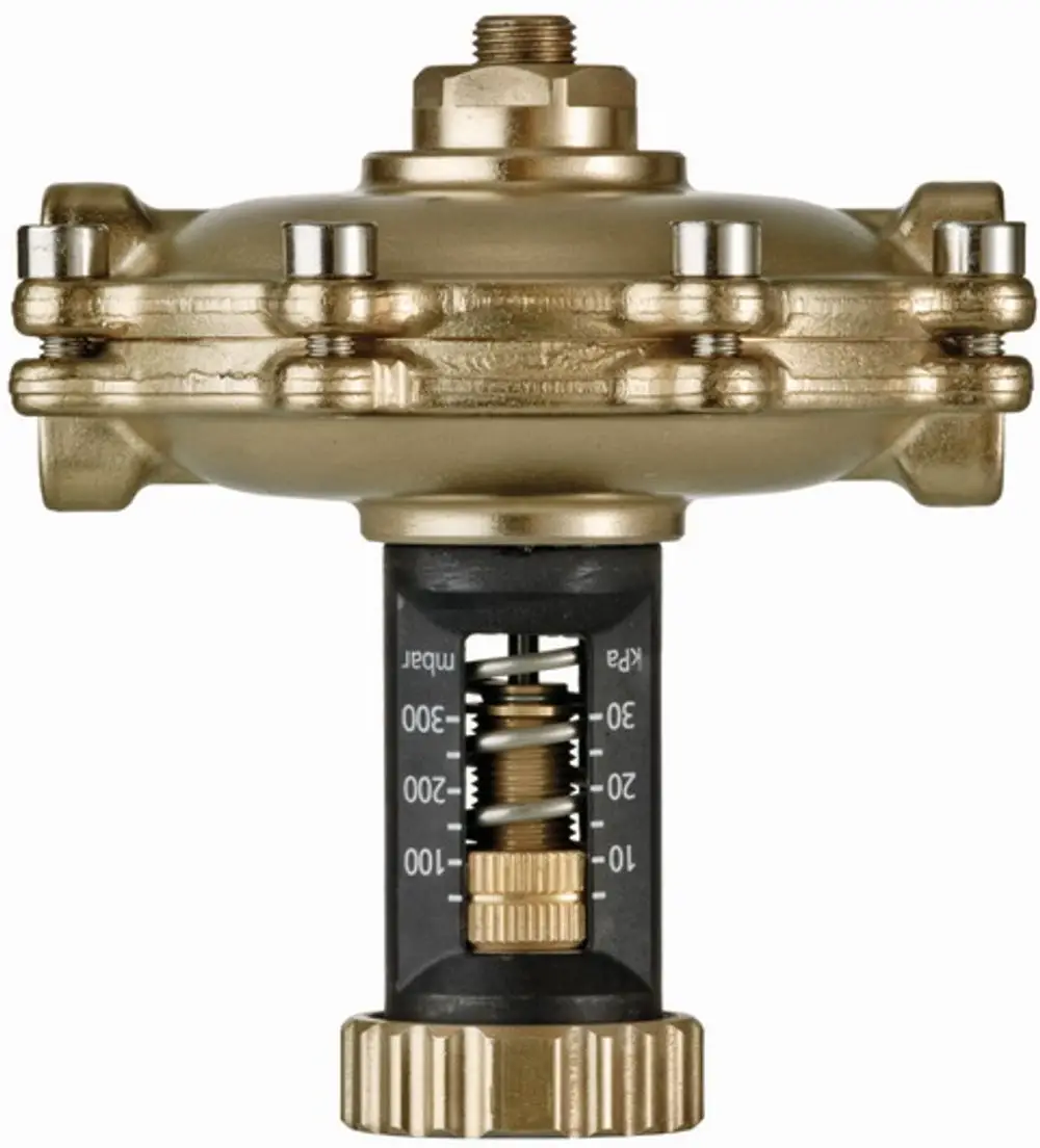 Differenzdruckregler von IMI Hydronic Engineering mit einer zentralen Druckmessung und Einstellmöglichkeiten, sichtbar sind Druckstufen von 50 bis 300 mbar.